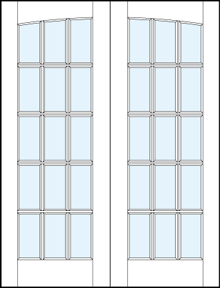 common arch pair of French glass front doors with 15 square true divided lites and slight rounded top panel arch