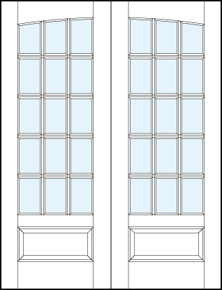 common arch pair of French glass front doors with 15 rectangle true divided lites, slight rounded top and raised bottom panel