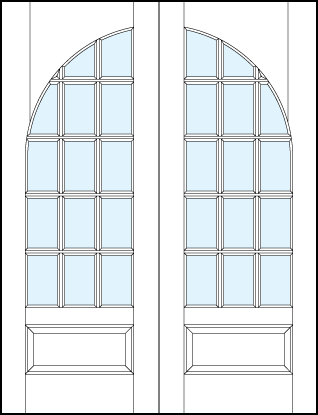 common arch pair of French glass front doors with radius top panel, 15 true divided lites and bottom raised panel