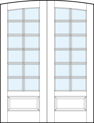 common arch pair of French glass front doors with 12 rectangle true divided lites, slight rounded top and raised bottom panel