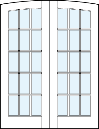 common arch pair of French glass front doors with 15 square true divided lites and slight rounded top panel arch