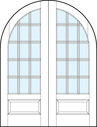 common arch pair of French glass front doors with radius top panel, 15 true divided lites and bottom raised panel