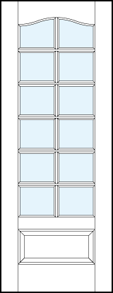 front French glass door with 12 square true divided lites, cathedral top and bottom raised panel
