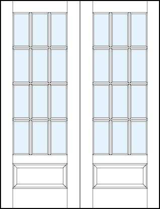 pair of French glass doors and rectangle true divided lites for 12 pane appearance and raised bottom panel