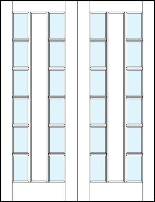 pair of full lite French front doors with wooden center vertical divider with two side glass panels and true divided lites