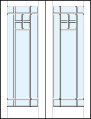 pair of French style front doors with internal glass panel and outer border true divided lites and top center extra true divided lites