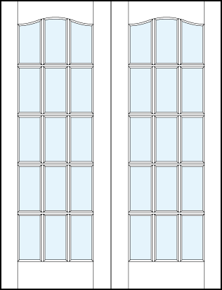 pair of front French glass doors with 15 square divided lites and cathedral door top