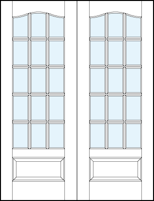 pair of front French glass doors with 15 square divided lites, bottom raised panel and cathedral door top
