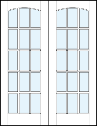 pair of French glass front doors with 15 square true divided lites and slight rounded top panel arch