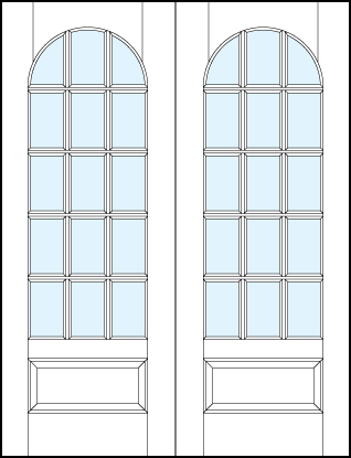 pair of French glass front doors with radius top panel, 15 true divided lites and bottom raised panel