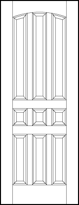 custom panel doors with nine sunken panels with three small center squares tall panels and medium bottom panels & top arch