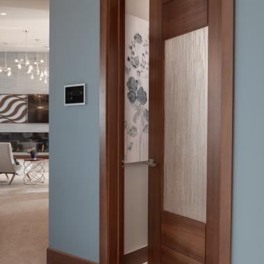 A TM9250 pantry door in walnut with Nutmeg stain and Thatch resin.