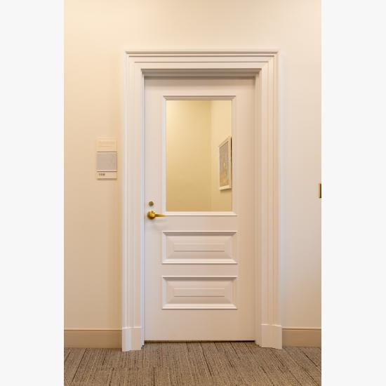Custom MDF door with clear glass, Bolection (BM) moulding and Raised (E) panel.